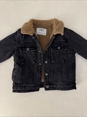 Zara Black Denim Jacket with Tan Sherpa Collar